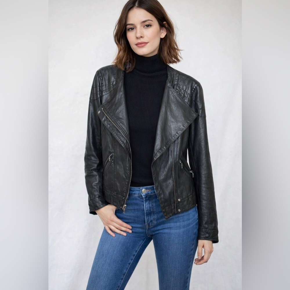 Cole Haan Real Leather Lined Zipper Biker Black Jacket S
